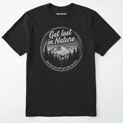 Black t-shirt with nature-themed graphic and text on a white background