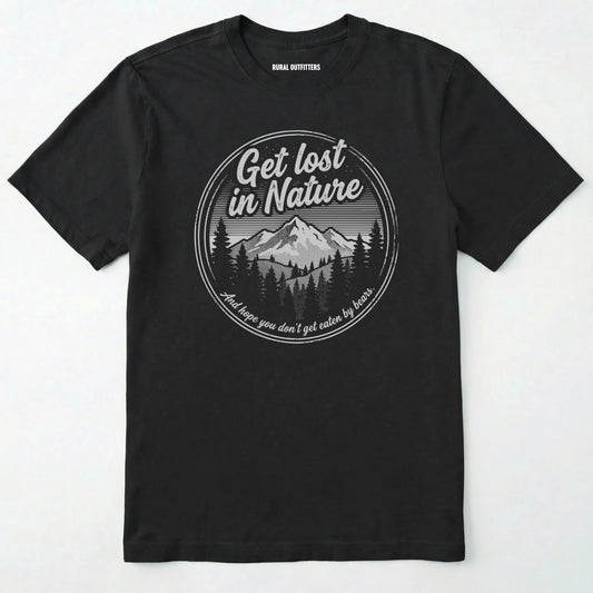 Black t-shirt with nature-themed graphic and text on a white background