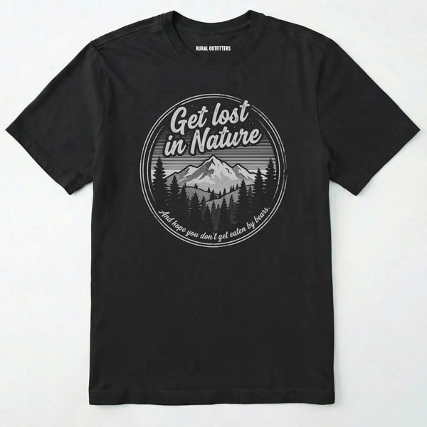 Black t-shirt with nature-themed graphic and text on a white background