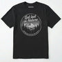 Black t-shirt with nature-themed graphic and text on a white background