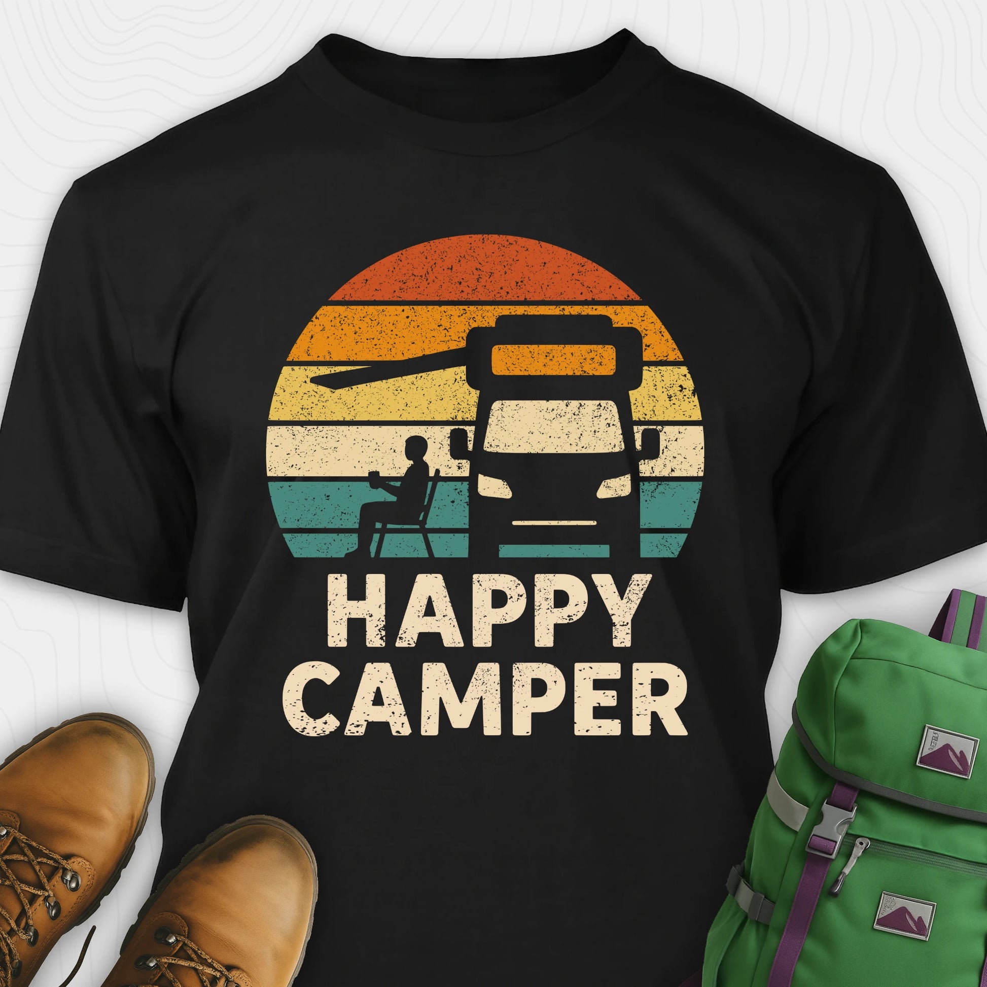 Black happy camper shirt with retro rv graphic