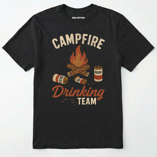 Black campfire drinking team t-shirt with beer cans and campfire graphic on a white background.