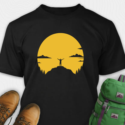 Black climbing shirt with yellow sunset and mountain climber silhouette
