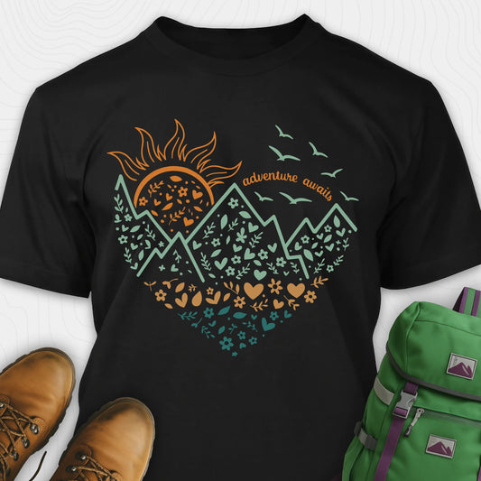 Black adventure awaits shirt with floral nature heart, mountain and sun illustration