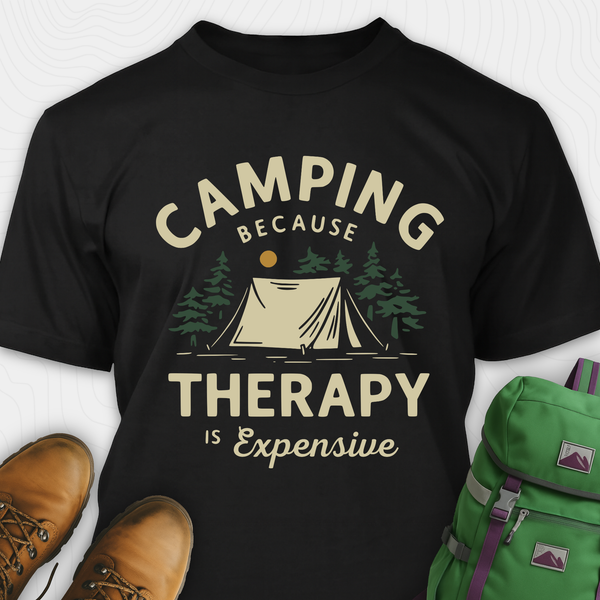 Black camping therapy shirt with tent and pine trees design and 