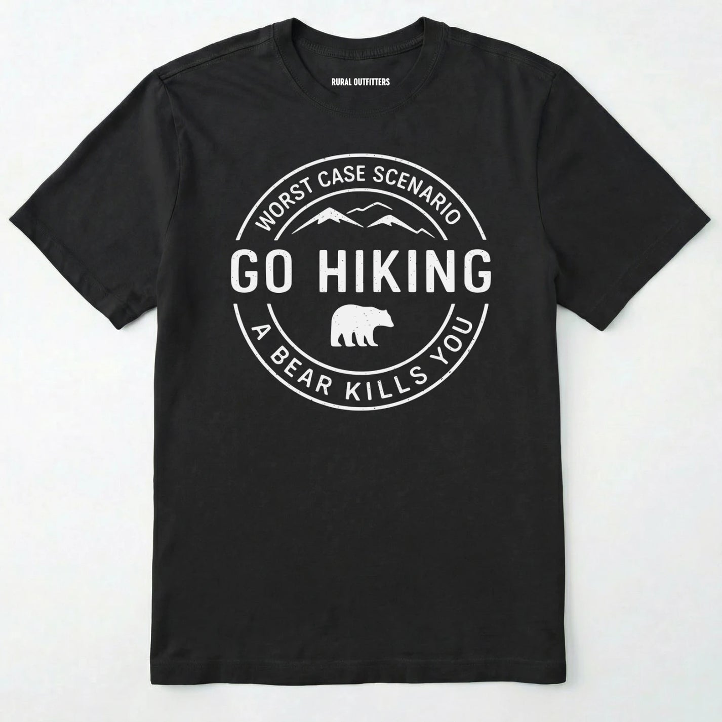 Black funny hiking shirt with circular go hiking graphic and bear illustration on a white background.