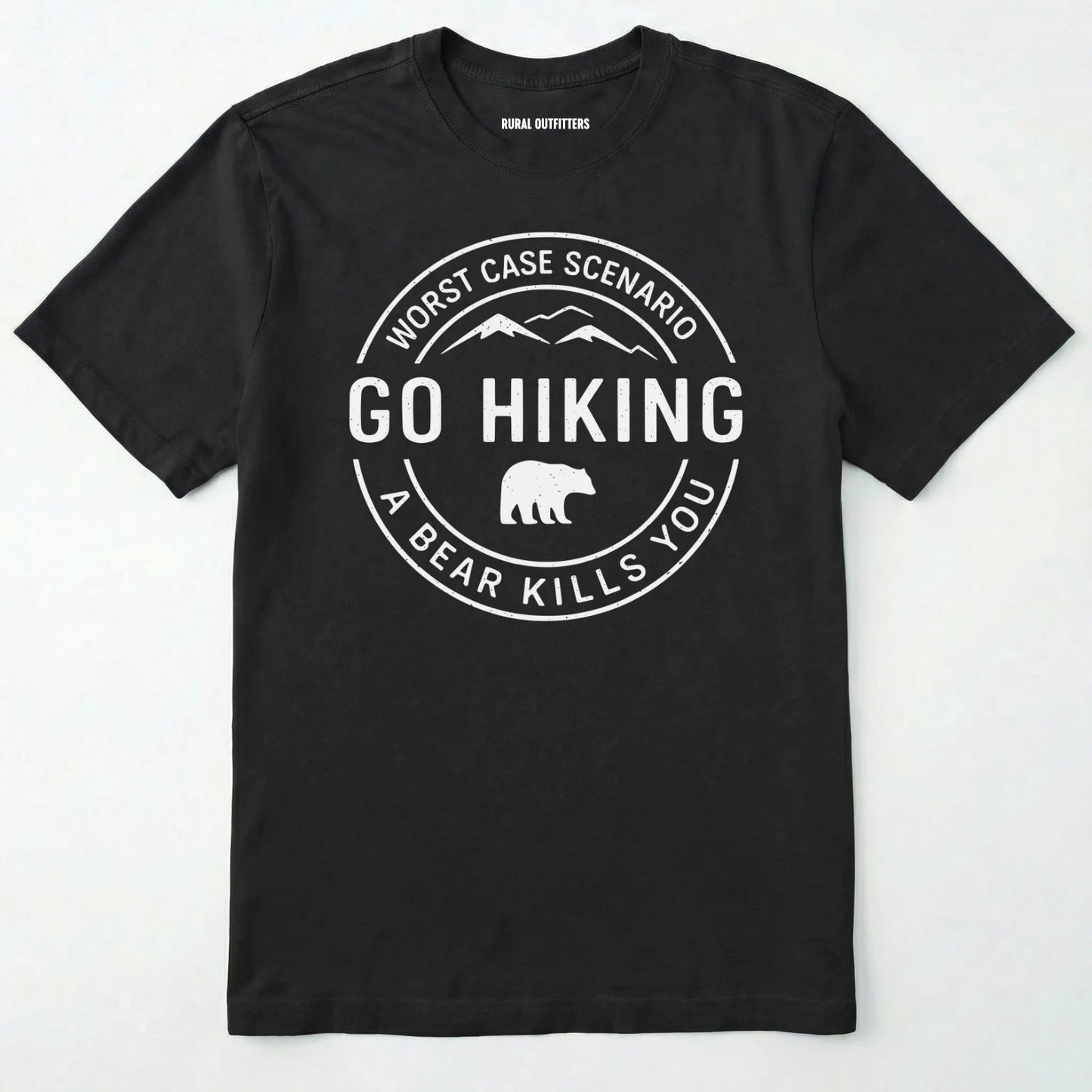Black funny hiking shirt with circular go hiking graphic and bear illustration on a white background.