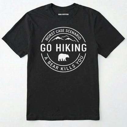 Black funny hiking shirt with circular go hiking graphic and bear illustration on a white background.