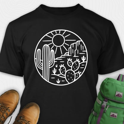 Black cactus shirt featuring desert landscape and cactus illustration