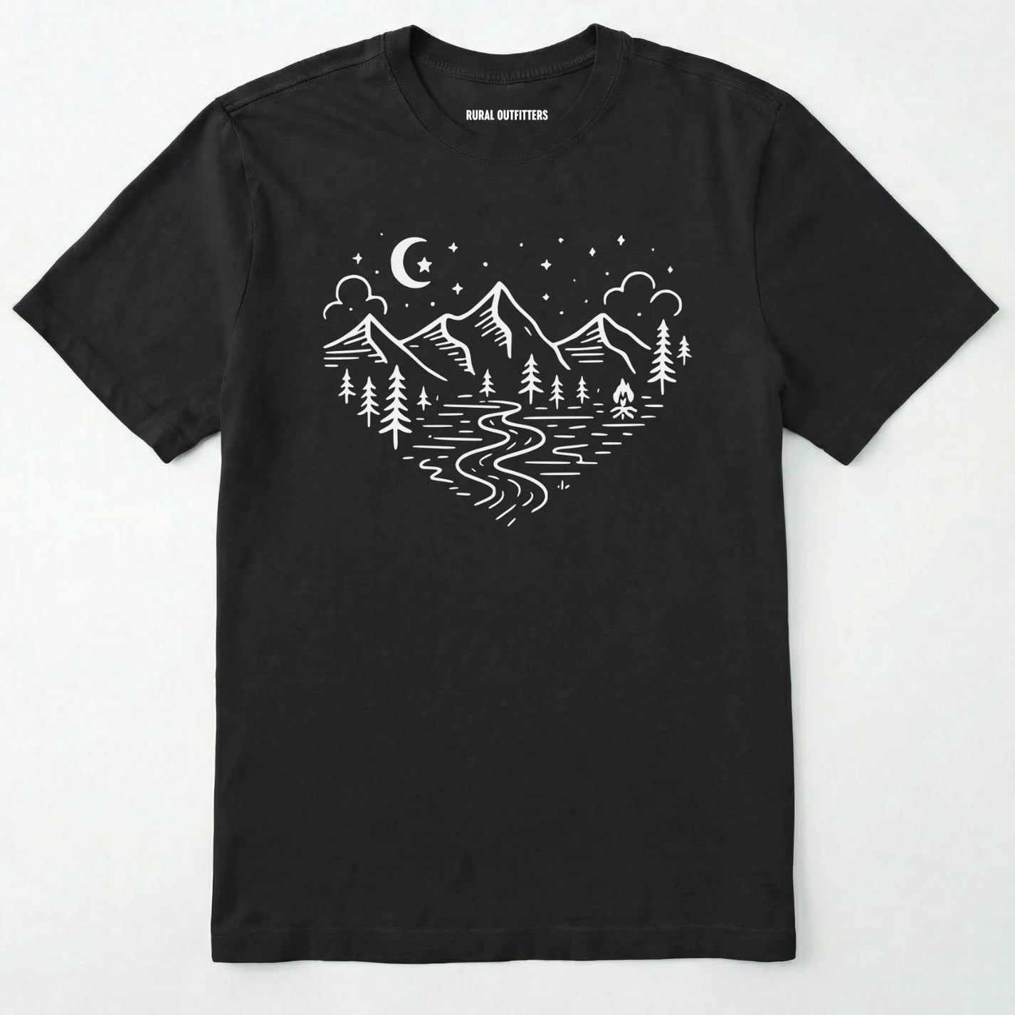 Black love nature t-shirt with mountain and forest heart graphic on a white background.