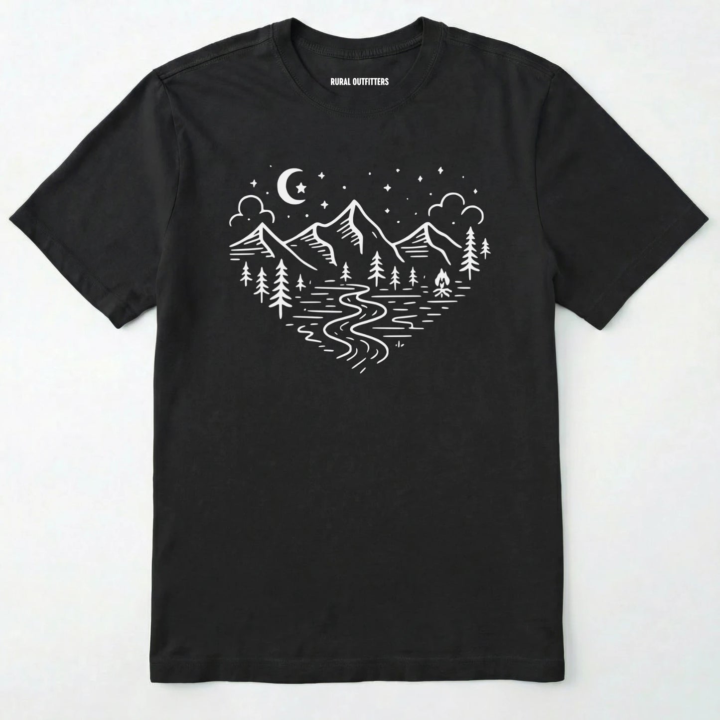 Black love nature t-shirt with mountain and forest heart graphic on a white background.