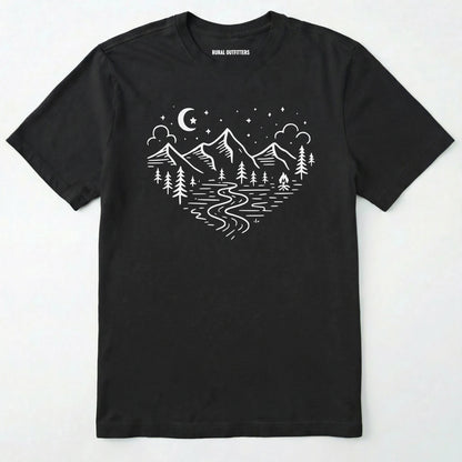 Black love nature t-shirt with mountain and forest heart graphic on a white background.