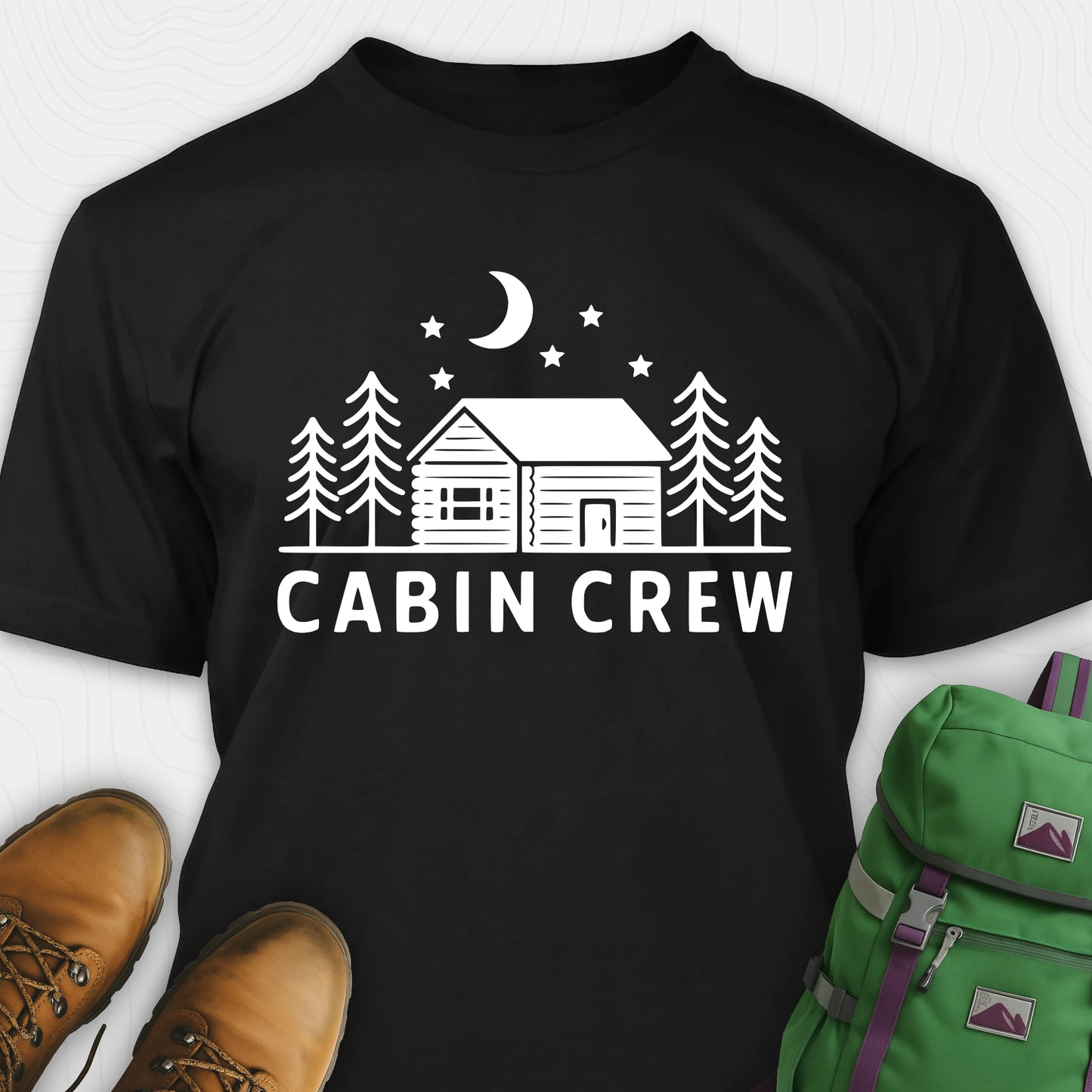 Black cabin crew t-shirt with moon, pine trees and cabin design