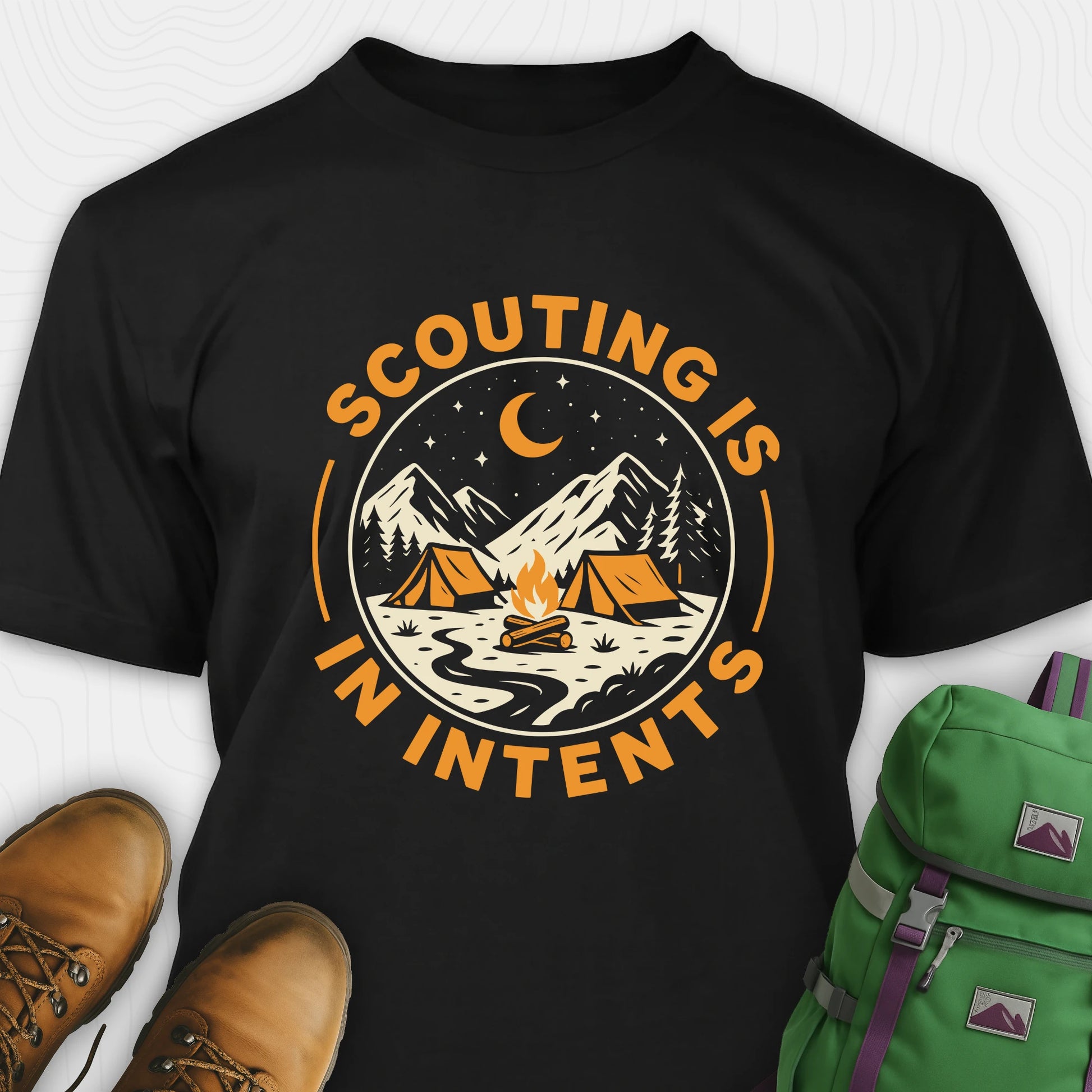 Black funny scout shirt with scouting is in tents text and camping graphic