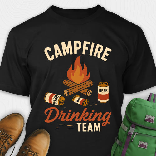 Black campfire drinking team t-shirt with beer cans and campfire graphic