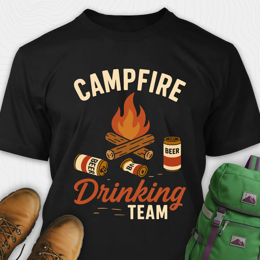 Black campfire drinking team t-shirt with beer cans and campfire graphic