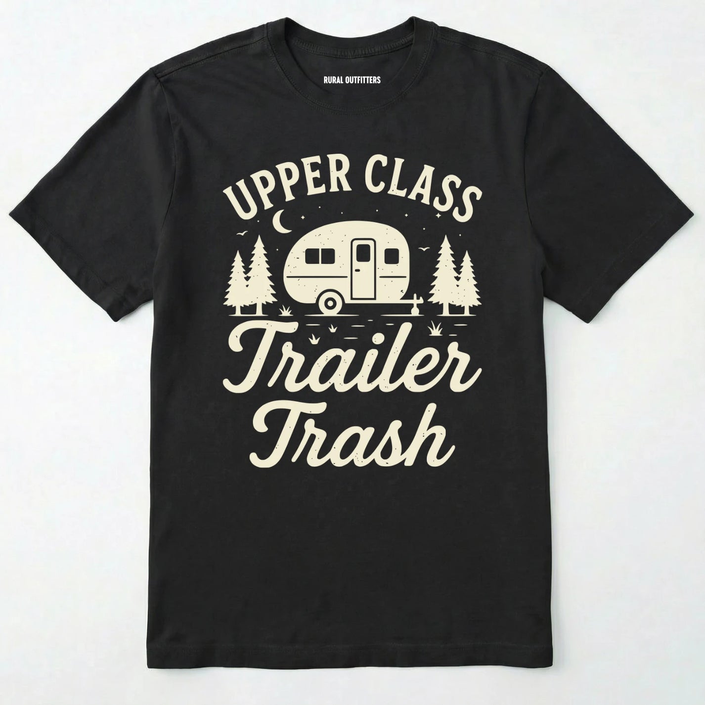 Black Upper Class Trailer Trash t-shirt with camper graphic on a white background
