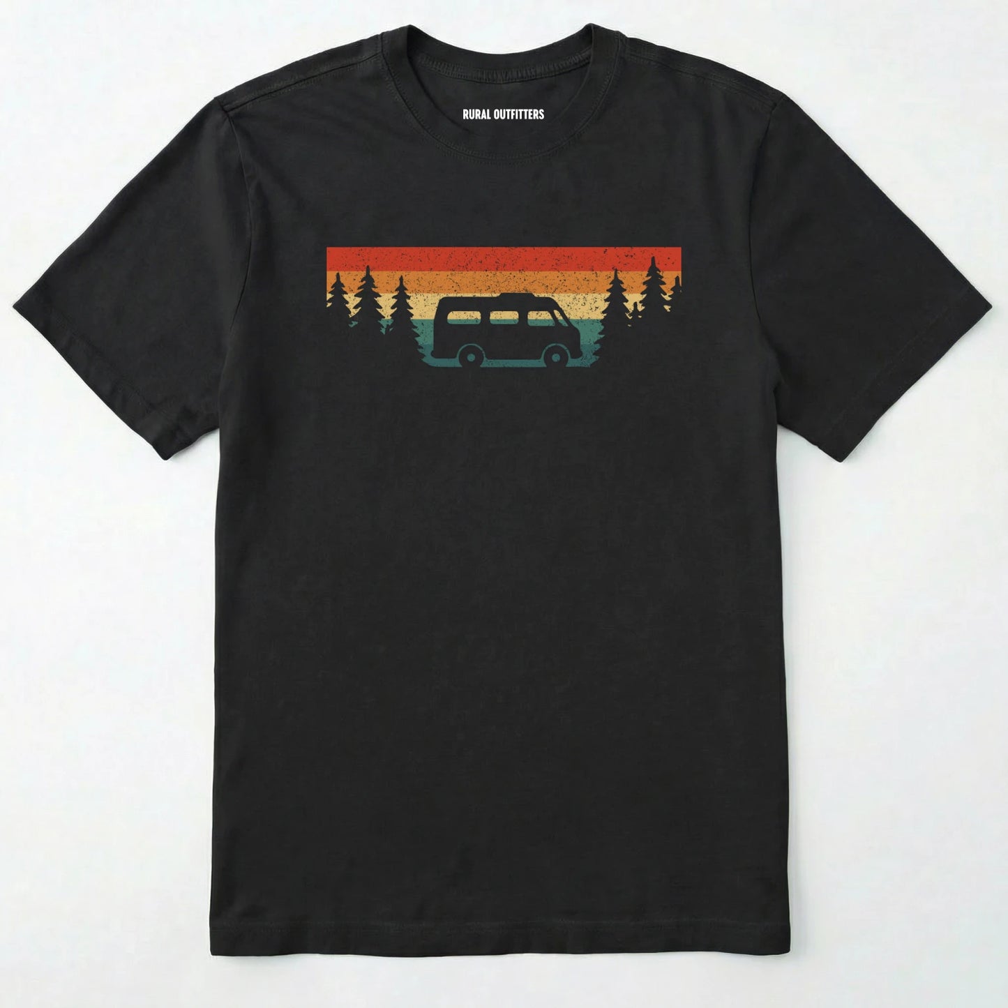 Black retro camp shirt featuring forest silhouette and van design on a white background