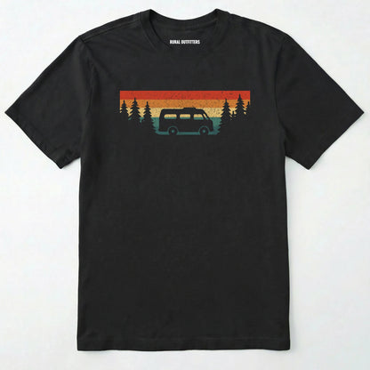 Black retro camp shirt featuring forest silhouette and van design on a white background