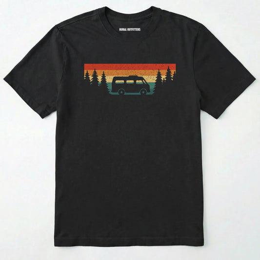 Black retro camp shirt featuring forest silhouette and van design on a white background