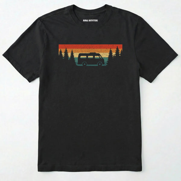Black retro camp shirt featuring forest silhouette and van design on a white background