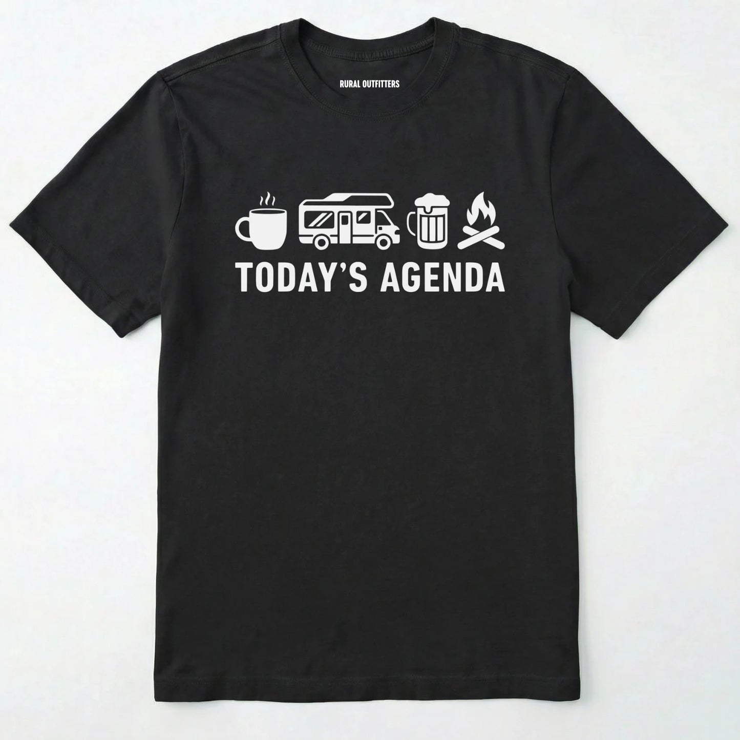 Black rv life shirt with coffee, rv beer and campfire icons with 'today's agenda' text on a white background.