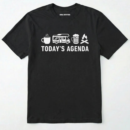 Black rv life shirt with coffee, rv beer and campfire icons with 'today's agenda' text on a white background.