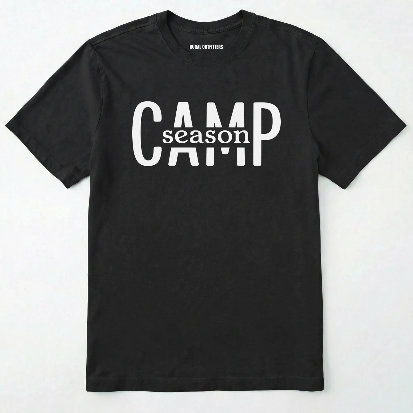Black camp season shirt in simple bold text on a white background.