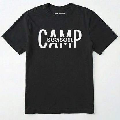 Black camp season shirt in simple bold text on a white background.
