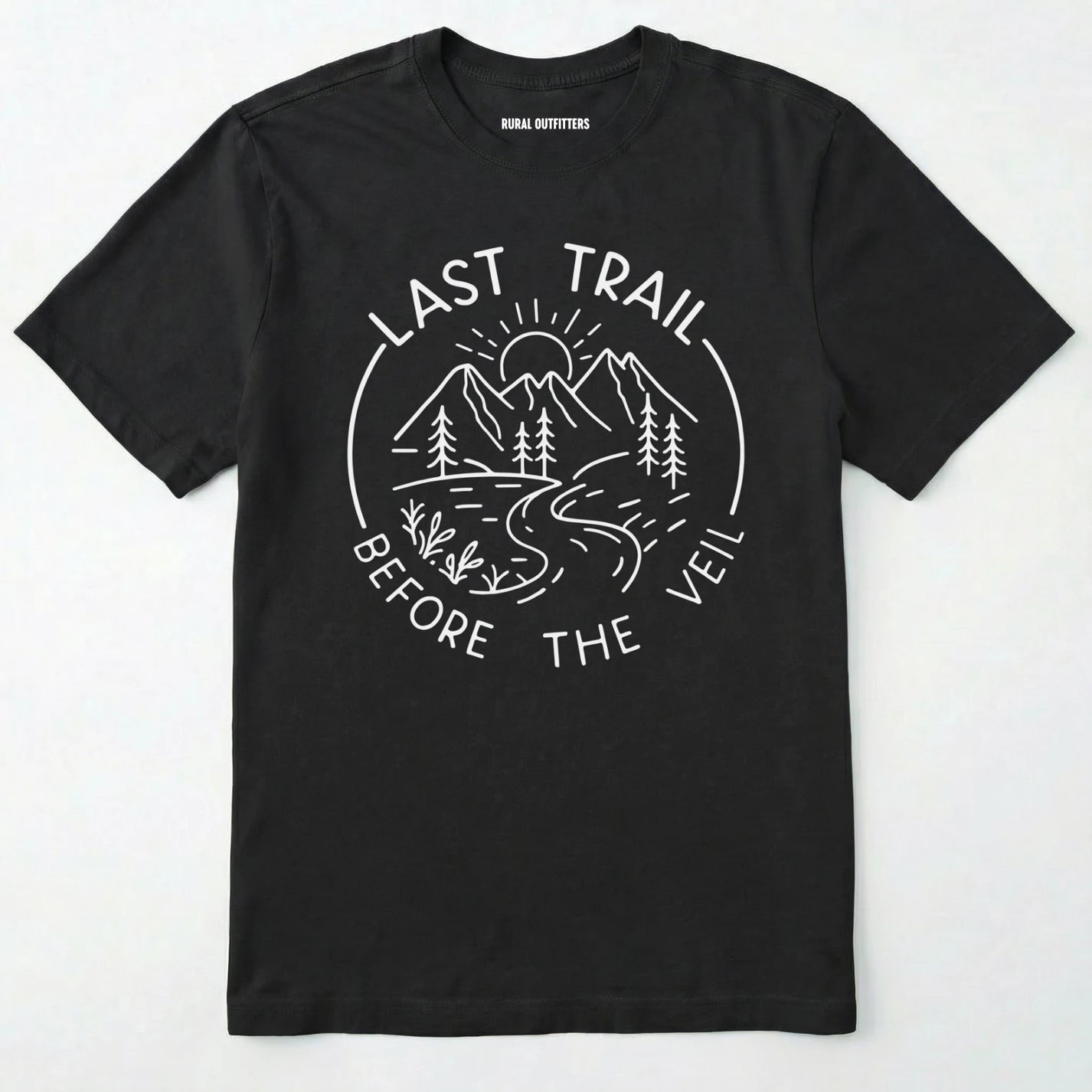 Black nature-themed last trail before the veil shirt with line-art mountain scene on a white background.