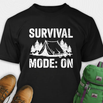 Black bushcraft shirt with survival mode on text, featuring tent and pine tree design