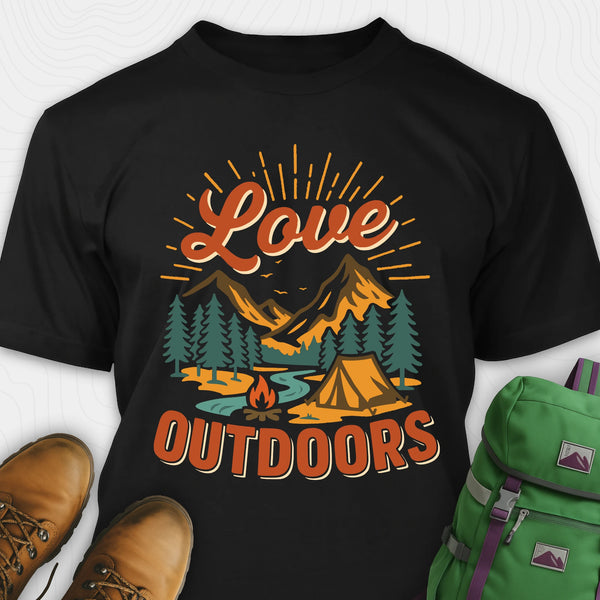 Black campground t-shirt with retro camping scene and tent design featuring 