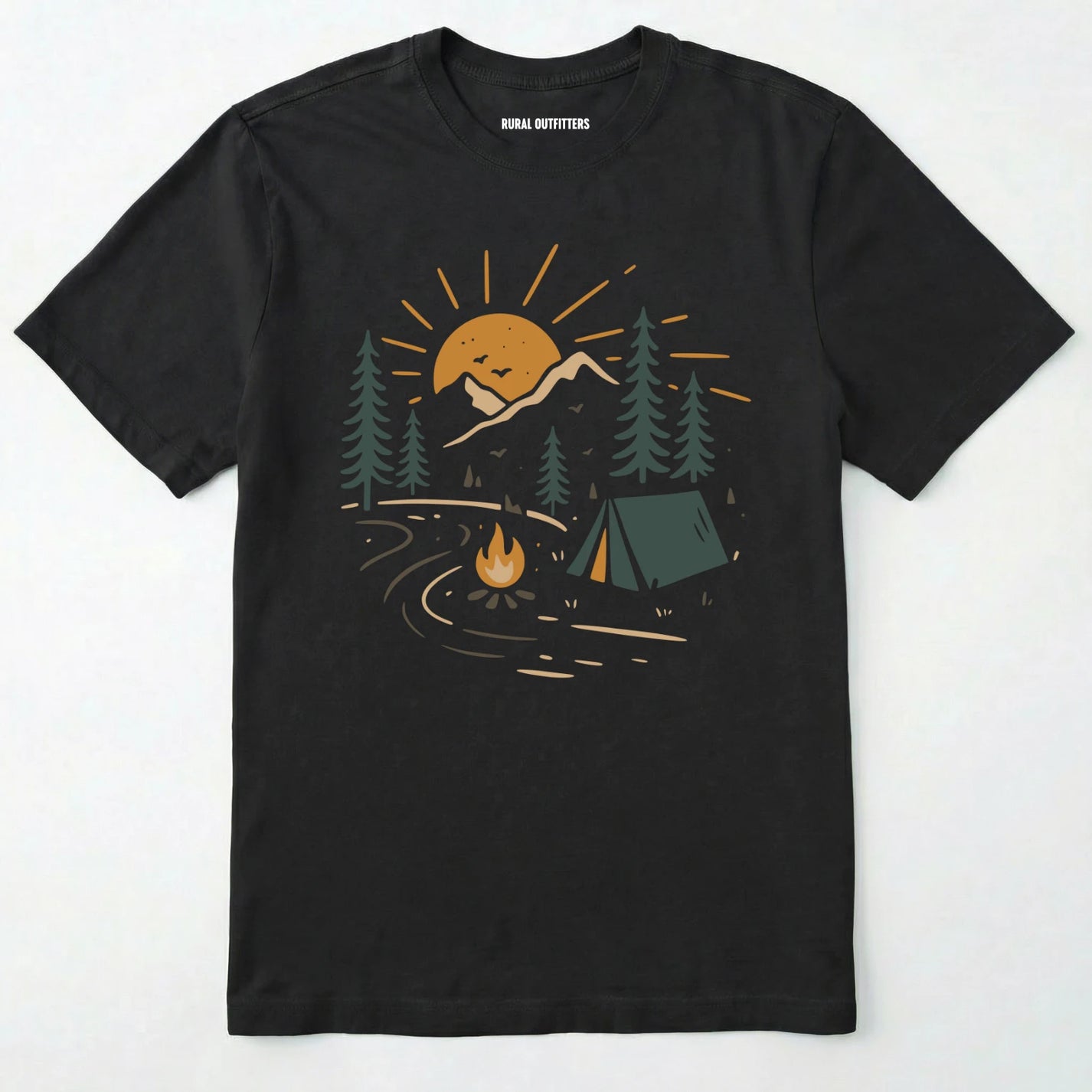 Black wilderness explorer shirt with sunset campfire scene with tent, trees, and mountains design on a white background.