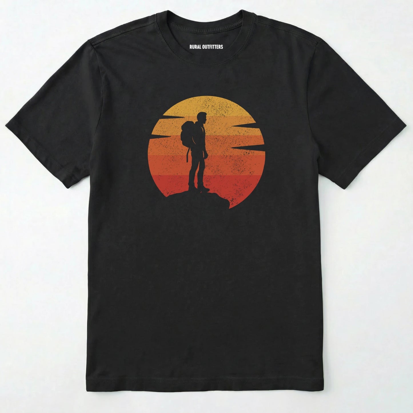 Black retro sunset t-shirt with hiker silhouette on a white background.