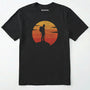 Black retro sunset t-shirt with hiker silhouette on a white background.