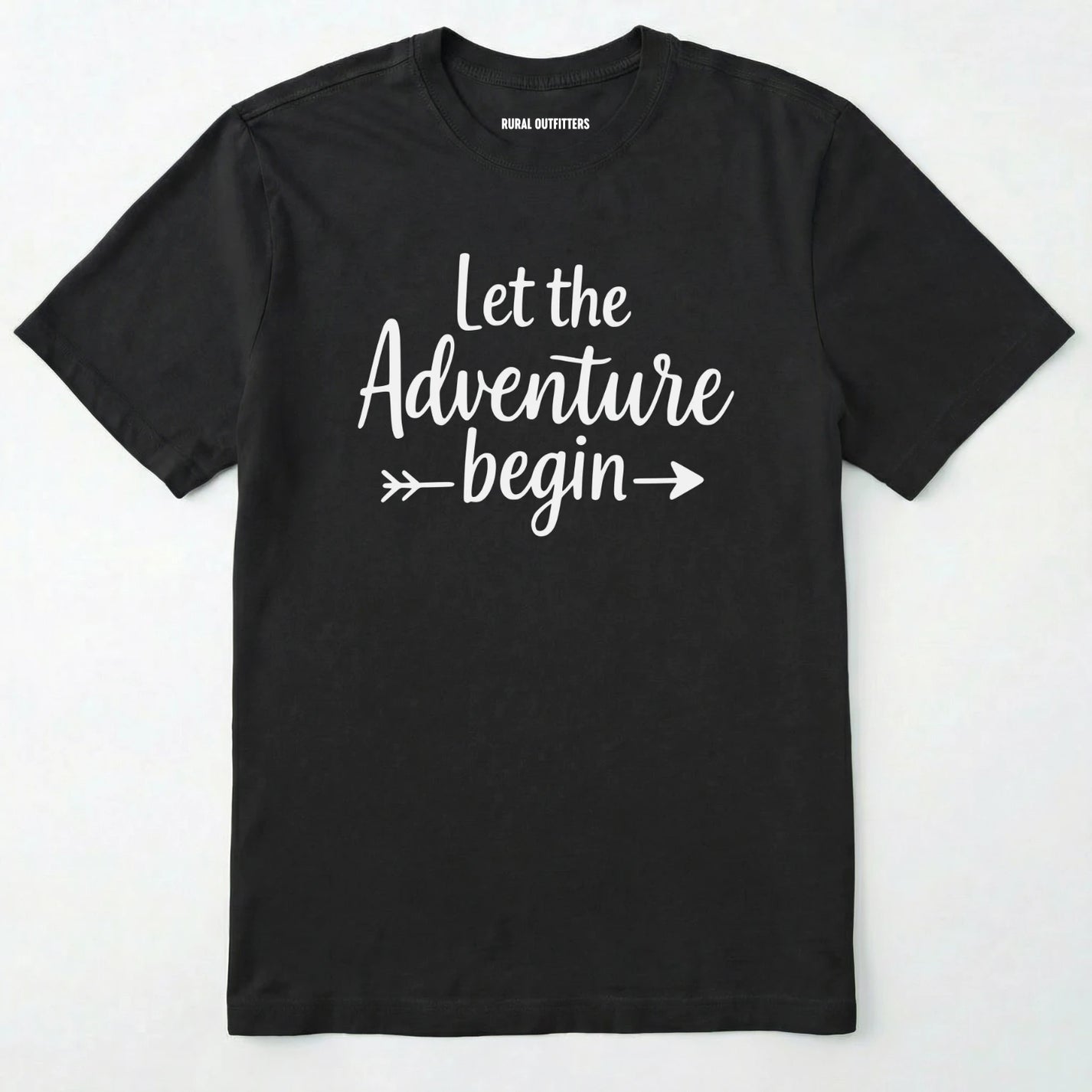 Black let the adventure begin shirt with an inspirational quote design on a white background