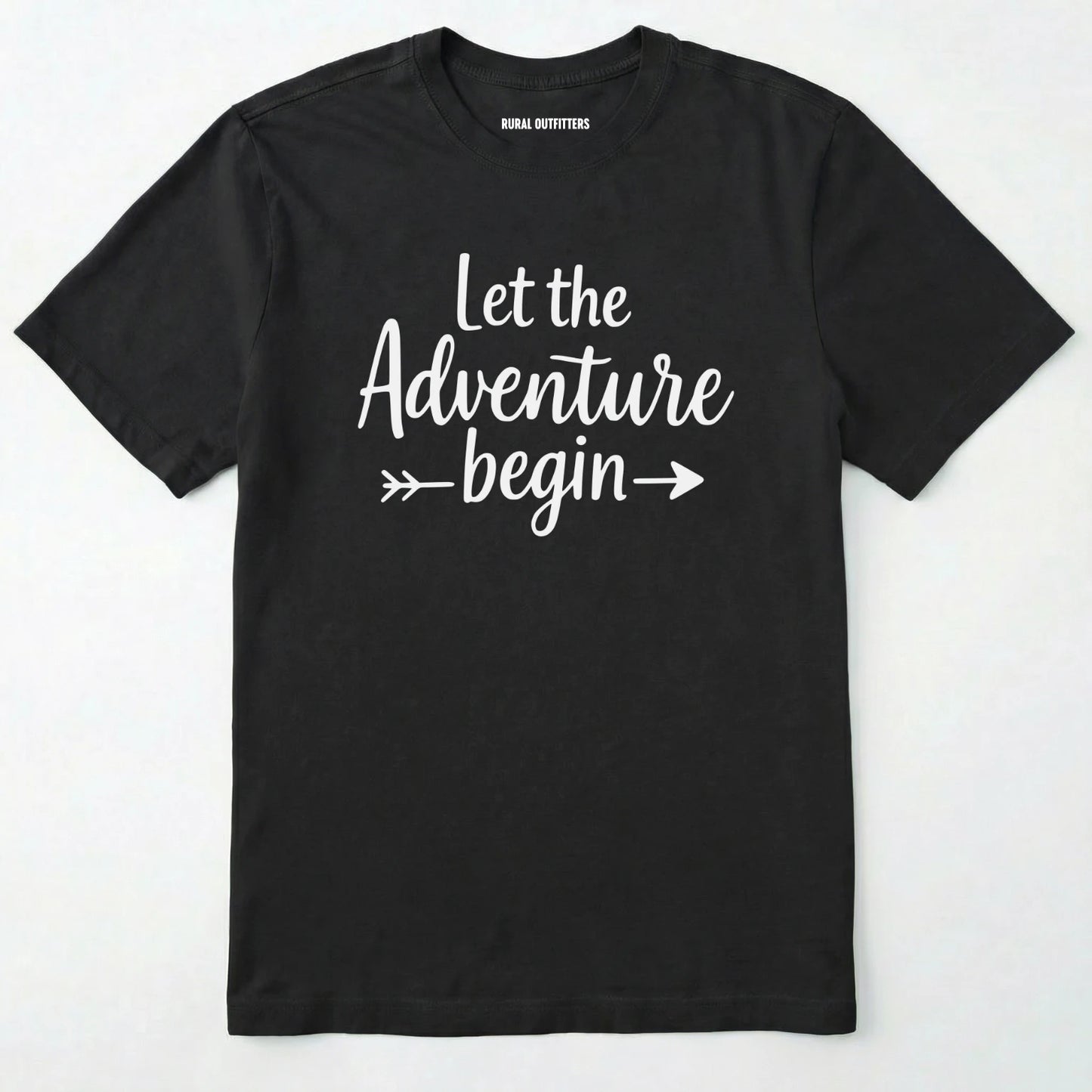 Black let the adventure begin shirt with an inspirational quote design on a white background