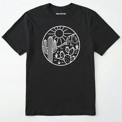 Black cactus shirt featuring desert landscape and cactus illustration on a white background.