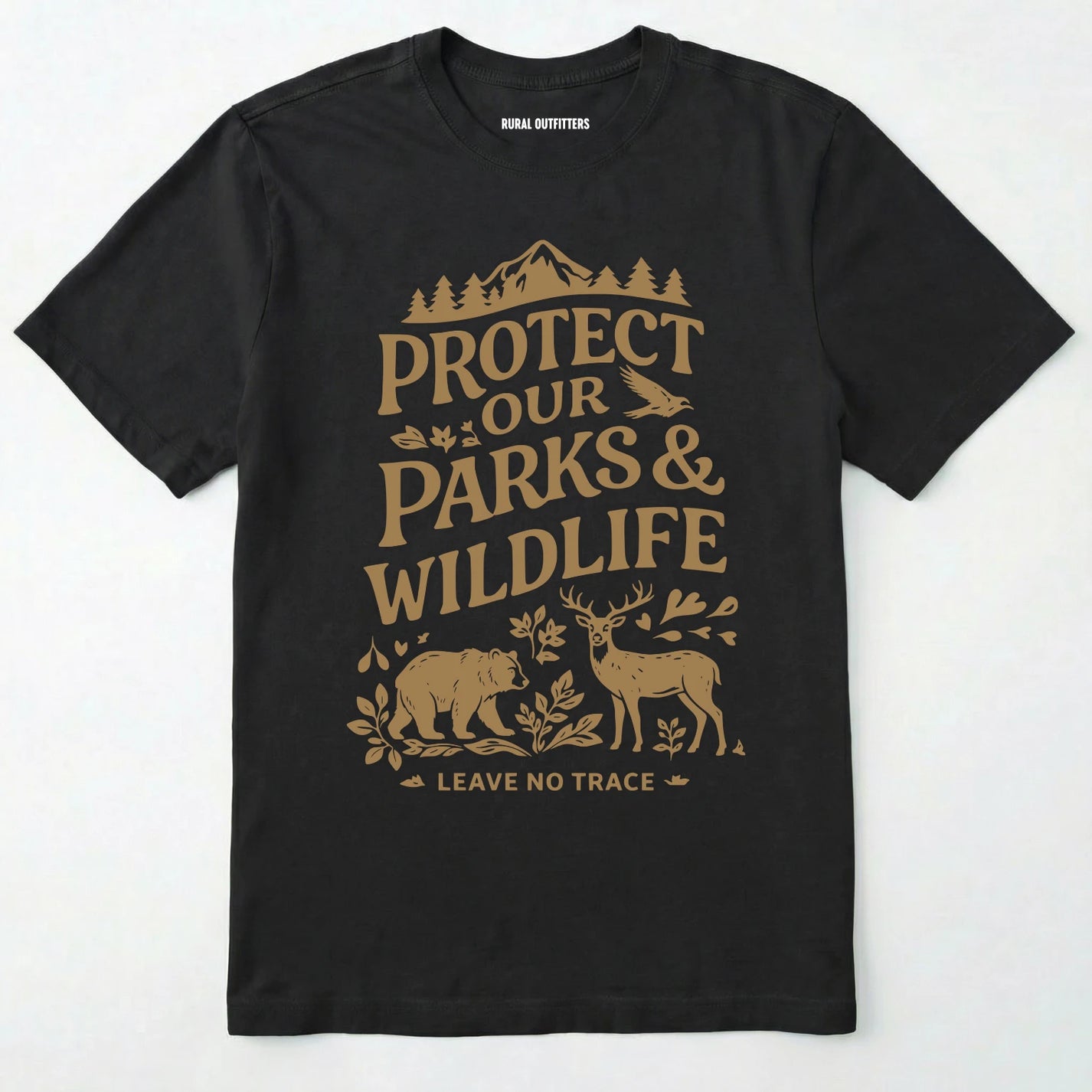 Black t-shirt with 'protect our parks & wildlife' text and nature-themed graphics on a white background