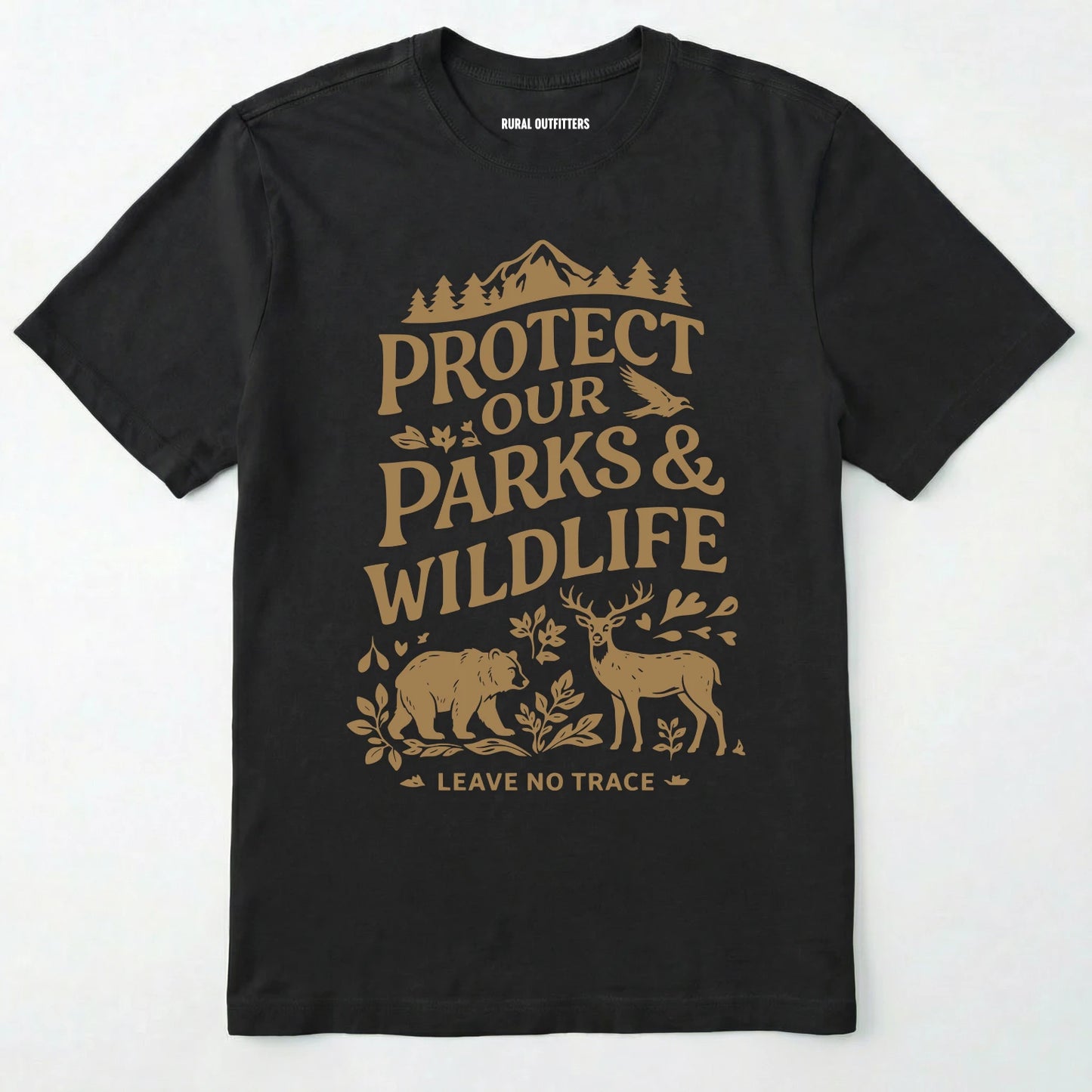 Black t-shirt with 'protect our parks & wildlife' text and nature-themed graphics on a white background