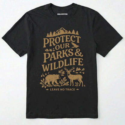 Black t-shirt with 'protect our parks & wildlife' text and nature-themed graphics on a white background