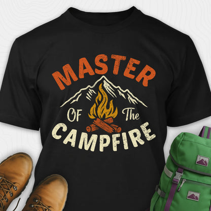 Black fire starter shirt with retro campfire and mountain graphic, featuring "Master of the campfire" text