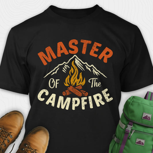 Black fire starter shirt with retro campfire and mountain graphic, featuring "Master of the campfire" text