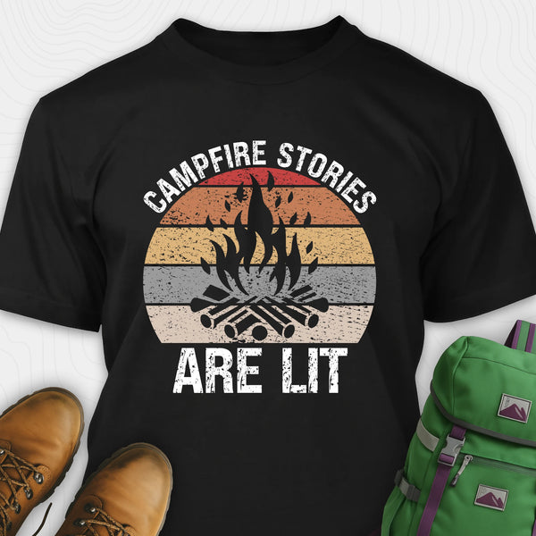 Black campfire stories are lit t-shirt with campfire and retro design