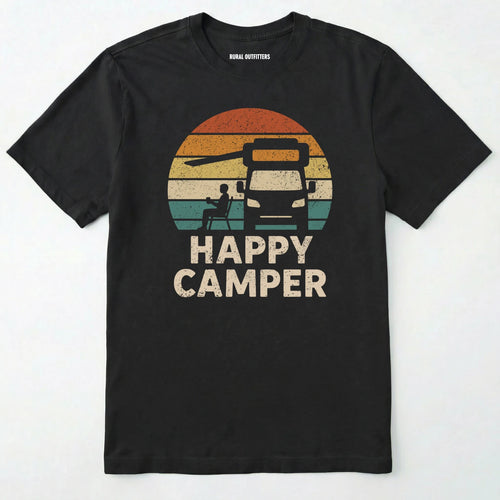 Black happy camper shirt with retro rv graphic on a white background.