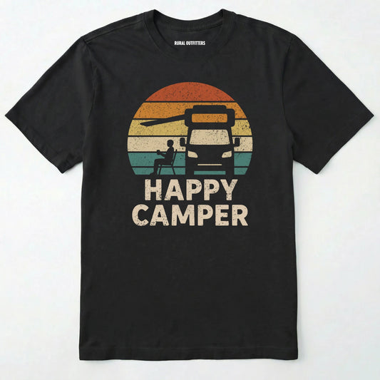 Black happy camper shirt with retro rv graphic on a white background.