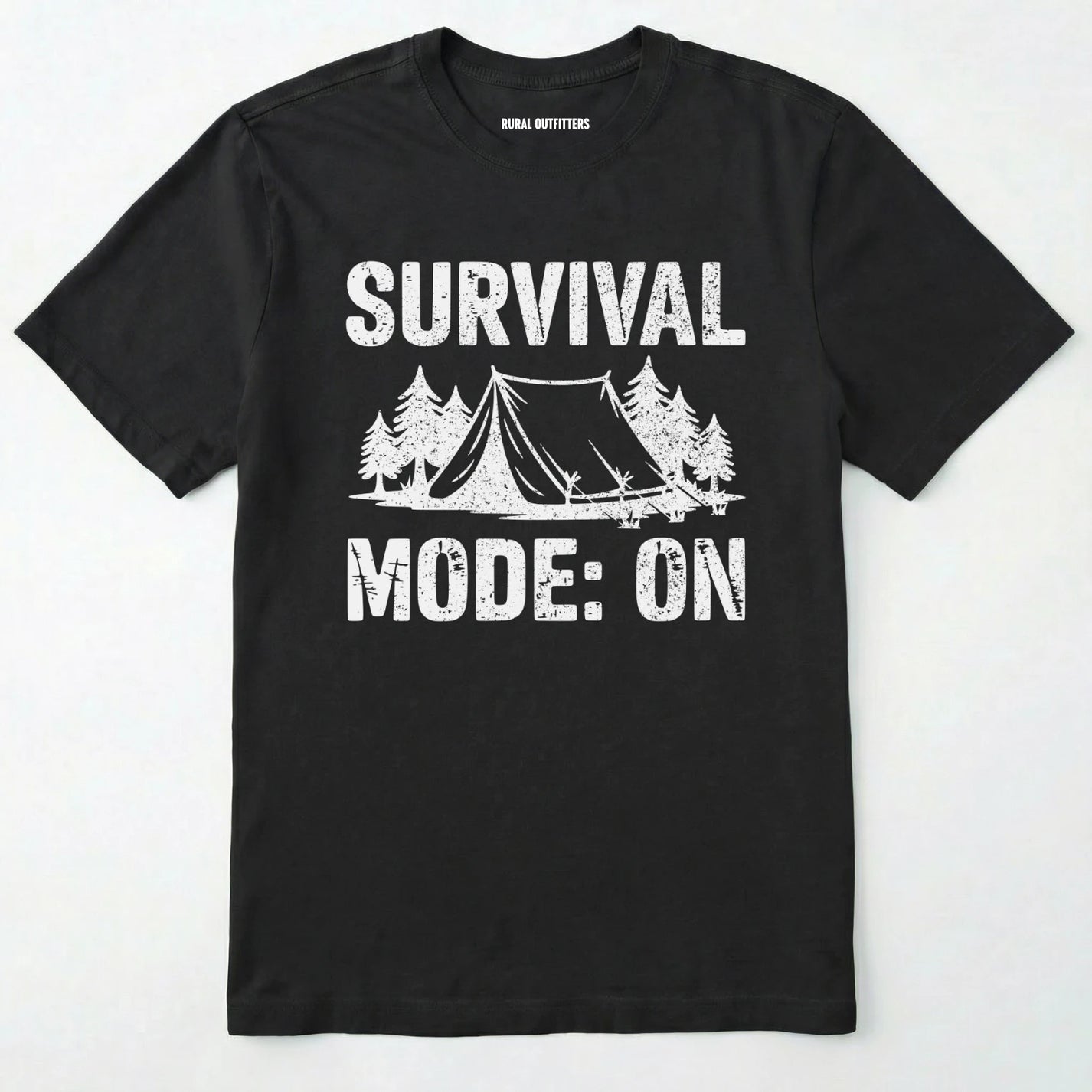 Black bushcraft shirt with survival mode on text, featuring a tent and a pine tree design on a white background.