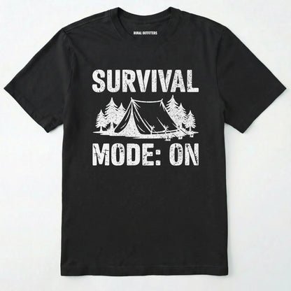 Black bushcraft shirt with survival mode on text, featuring a tent and a pine tree design on a white background.