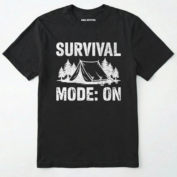 Black bushcraft shirt with survival mode on text, featuring a tent and a pine tree design on a white background.