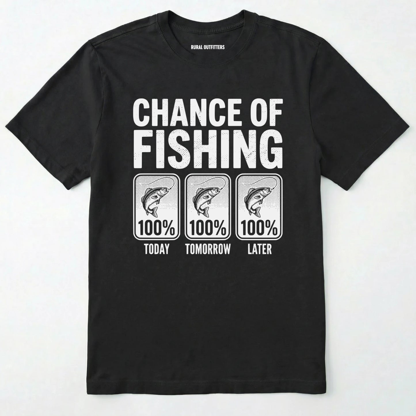 Black t-shirt with 'chance of fishing' graphic on a white background